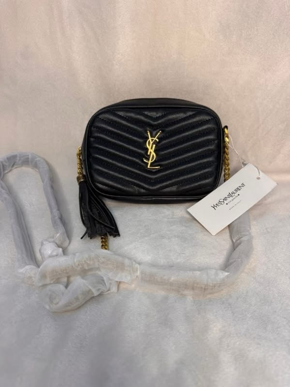 Inspired Black Quilted Leather Crossbody with Gold Emblem